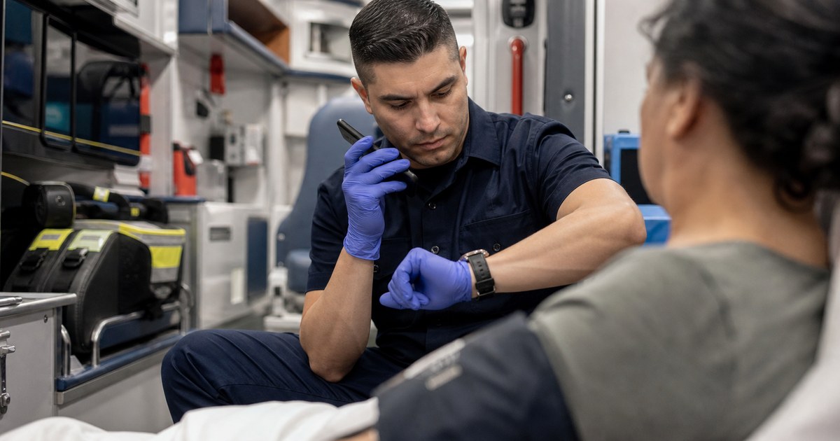 A paramedic checks his watch while waiting on a phone beside a patient in an ambulance