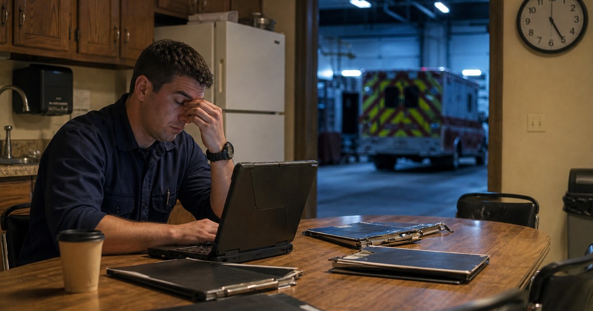 An exhausted paramedic rubs his eyes over a laptop at a firehouse kitchen table before dawn