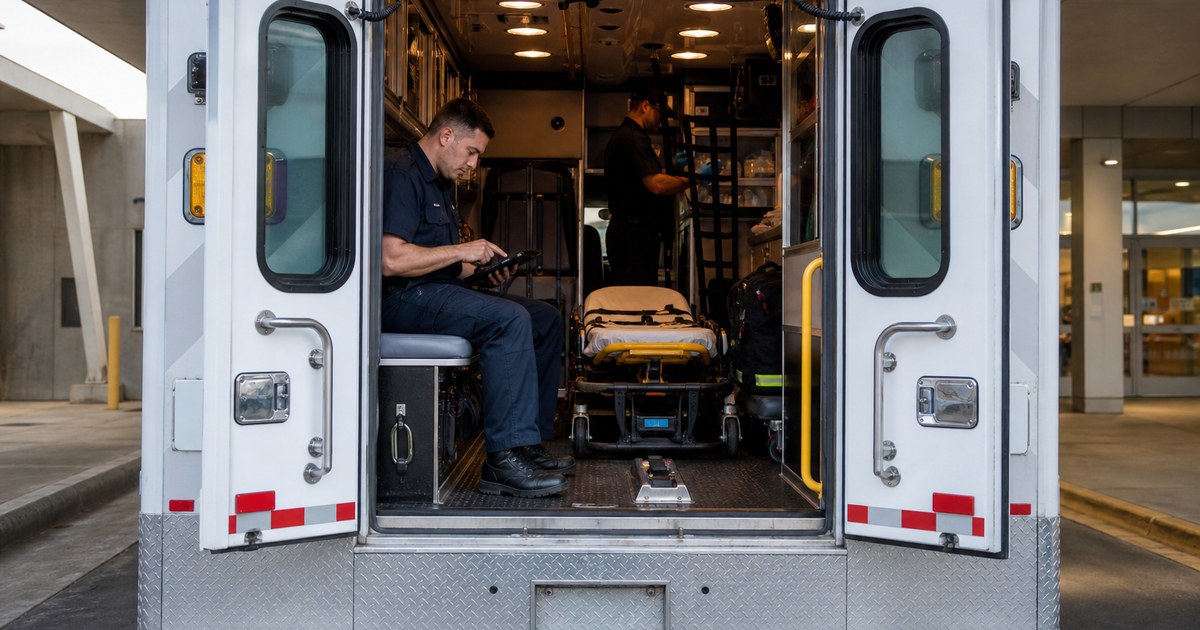 A paramedic sits on a fixed ambulance squad bench and reviews a tablet while a partner restocks
