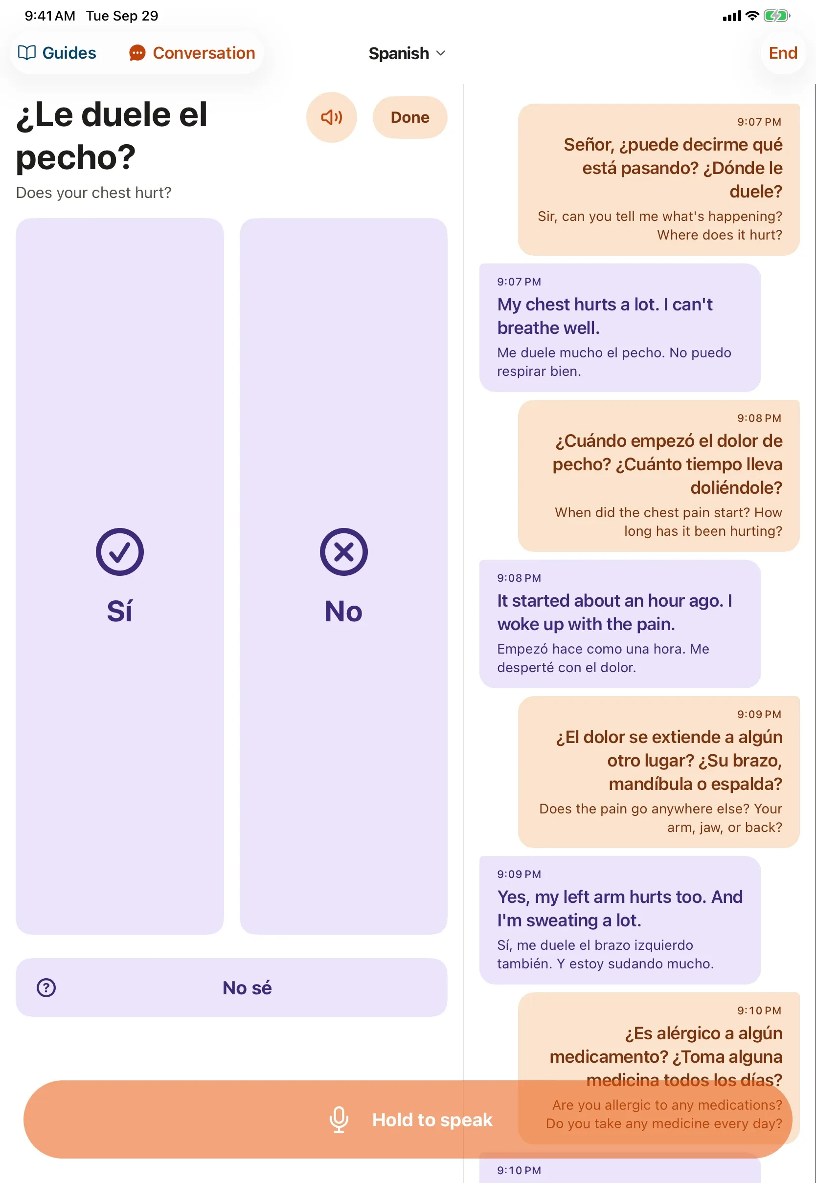 vitalvoice on iPad: the patient answer screen in Spanish, ¿Le duele el pecho? (Does your chest hurt?), with large Sí, No and No sé cards beside the conversation