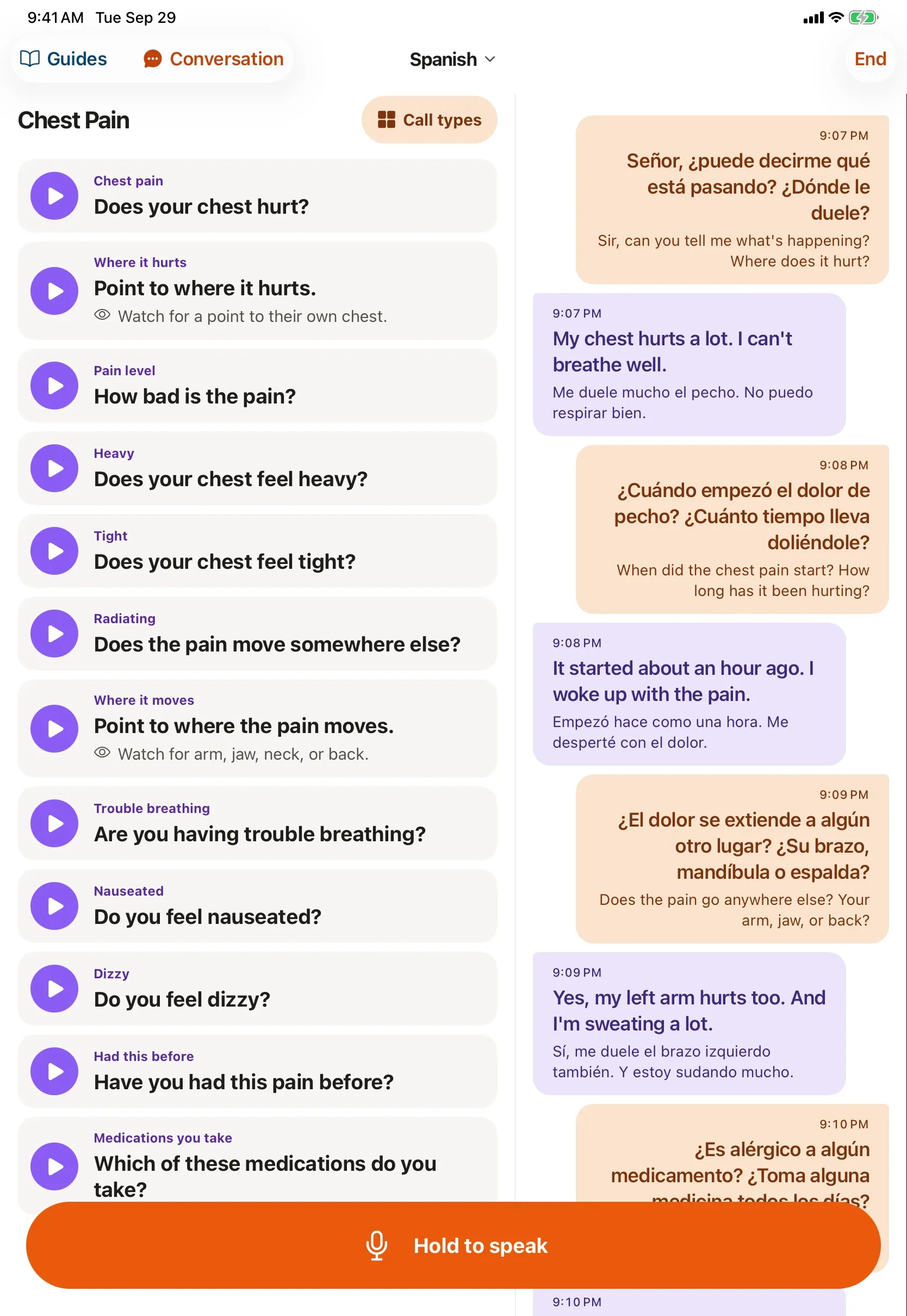 vitalvoice on iPad: Translate + Scribe with the Chest Pain question list beside the interpreted conversation with a Spanish-speaking patient, and Hold to speak