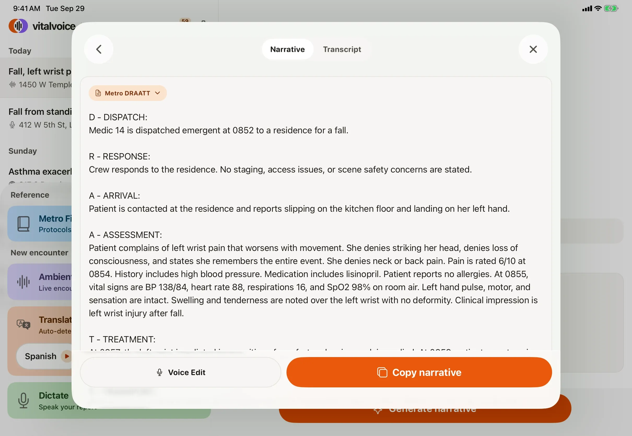 vitalvoice on iPad: a narrative drafted in the department's DRAATT format over the call history, ready for the medic to review and sign, with Voice Edit and Copy narrative
