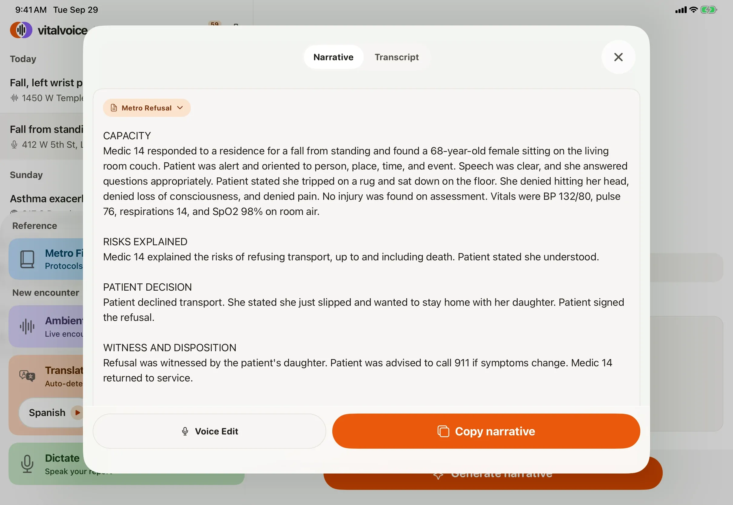 vitalvoice on iPad: a patient-refusal narrative ready for the medic to sign, with Voice Edit and Copy narrative