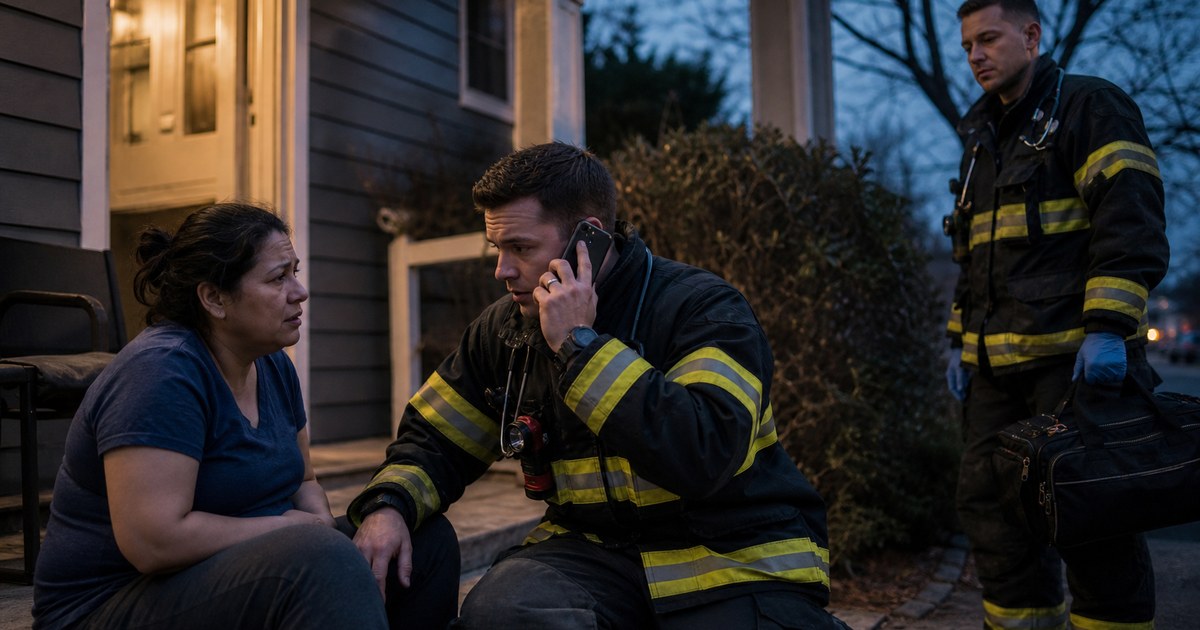 A firefighter-paramedic waits on a phone beside an anxious patient while another responder stands ready