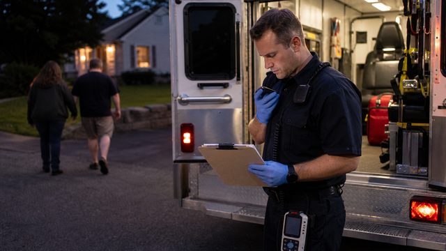 A paramedic records notes beside an ambulance as a patient and family member walk away