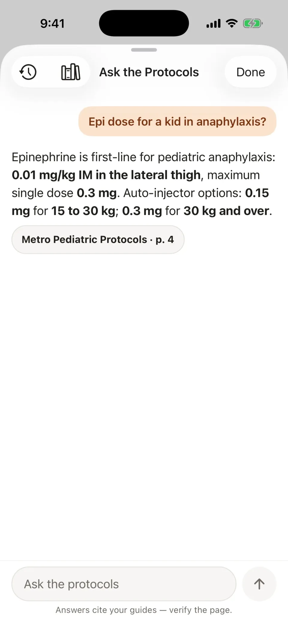 vitalvoice on iPhone: Ask the Protocols with the epinephrine answer and its page citation chip