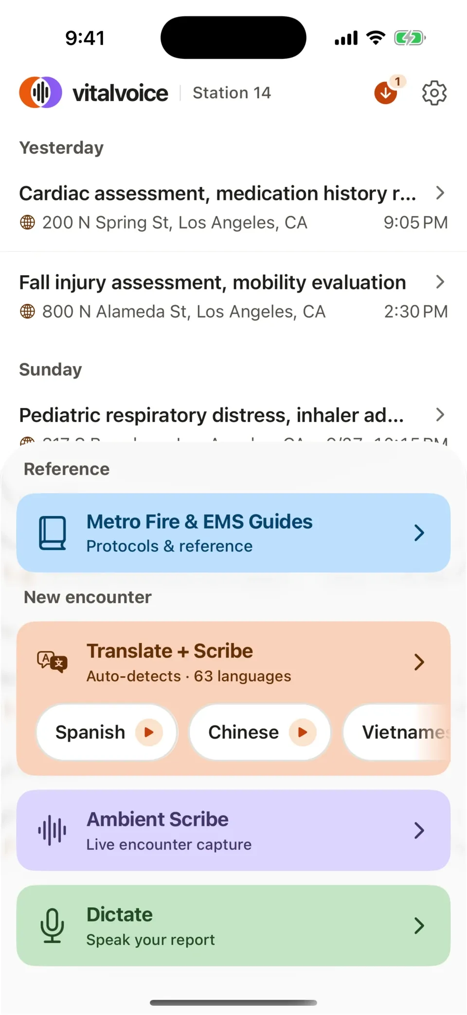 vitalvoice on iPhone: the call history above the four modes, Guides, Translate + Scribe, Ambient Scribe and Dictate